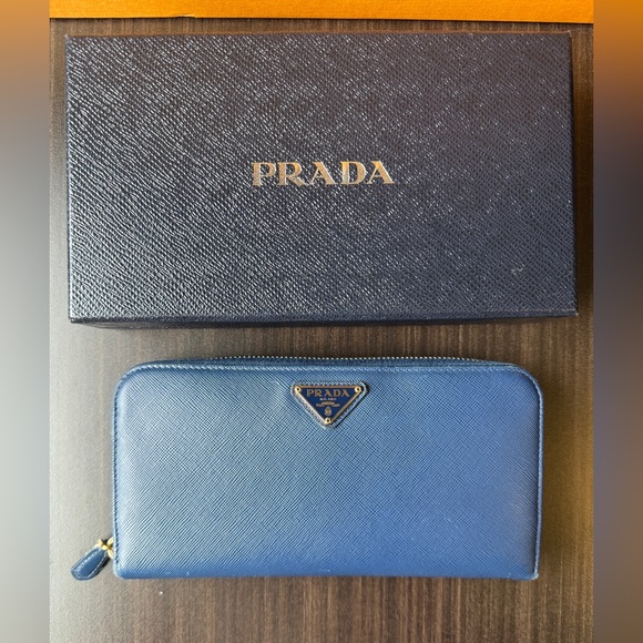 【Prada】Saffiano Long Zip around Wallet in Blue triangle tag - Picture 1 of 12
